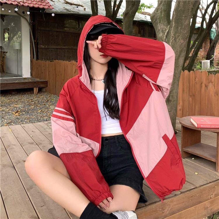 Contrast Color Hooded Sun Protection Clothing For Women Loose Thin Coat
