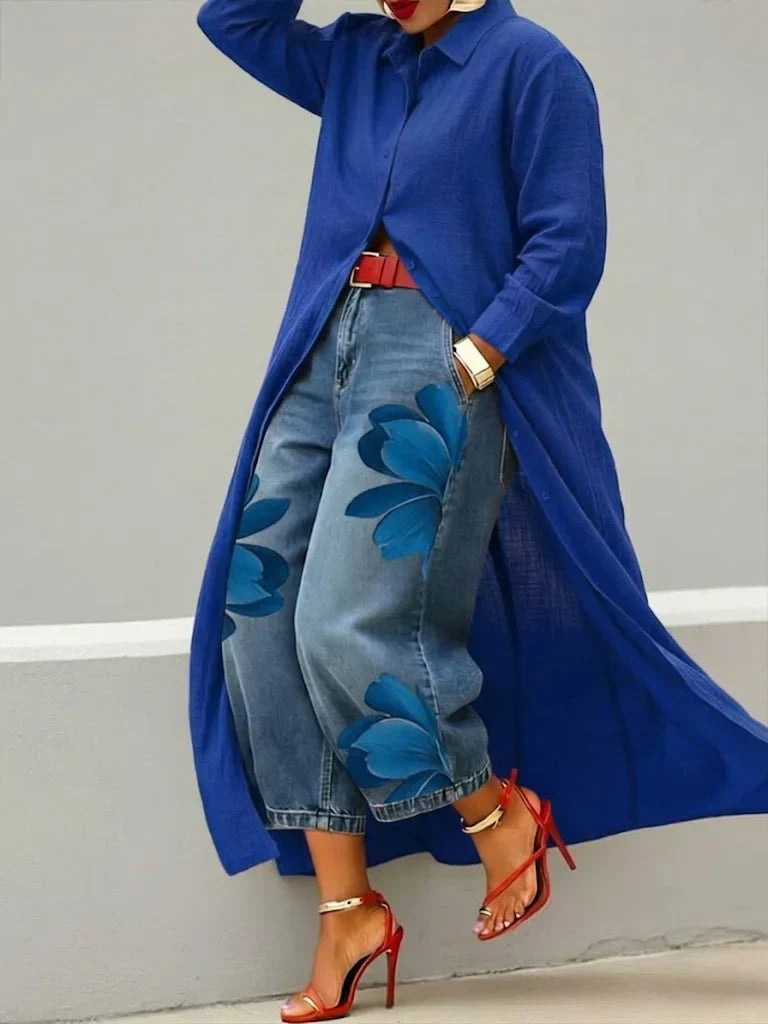 Women's Shirt Dress and Floral Jeans Two-Piece Set for Easy Layering
