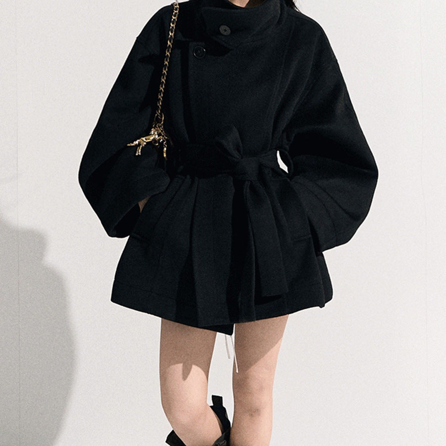 Women’s Wool-Blend Stand Collar Waist-Defined Coat
