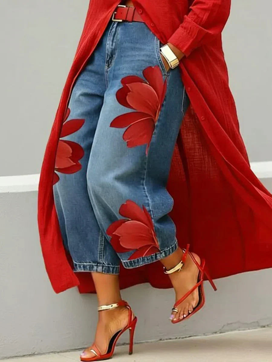 Women's Shirt Dress and Floral Jeans Two-Piece Set for Easy Layering