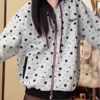American-style Retro Streetwear Star-print Cardigan Hoodie