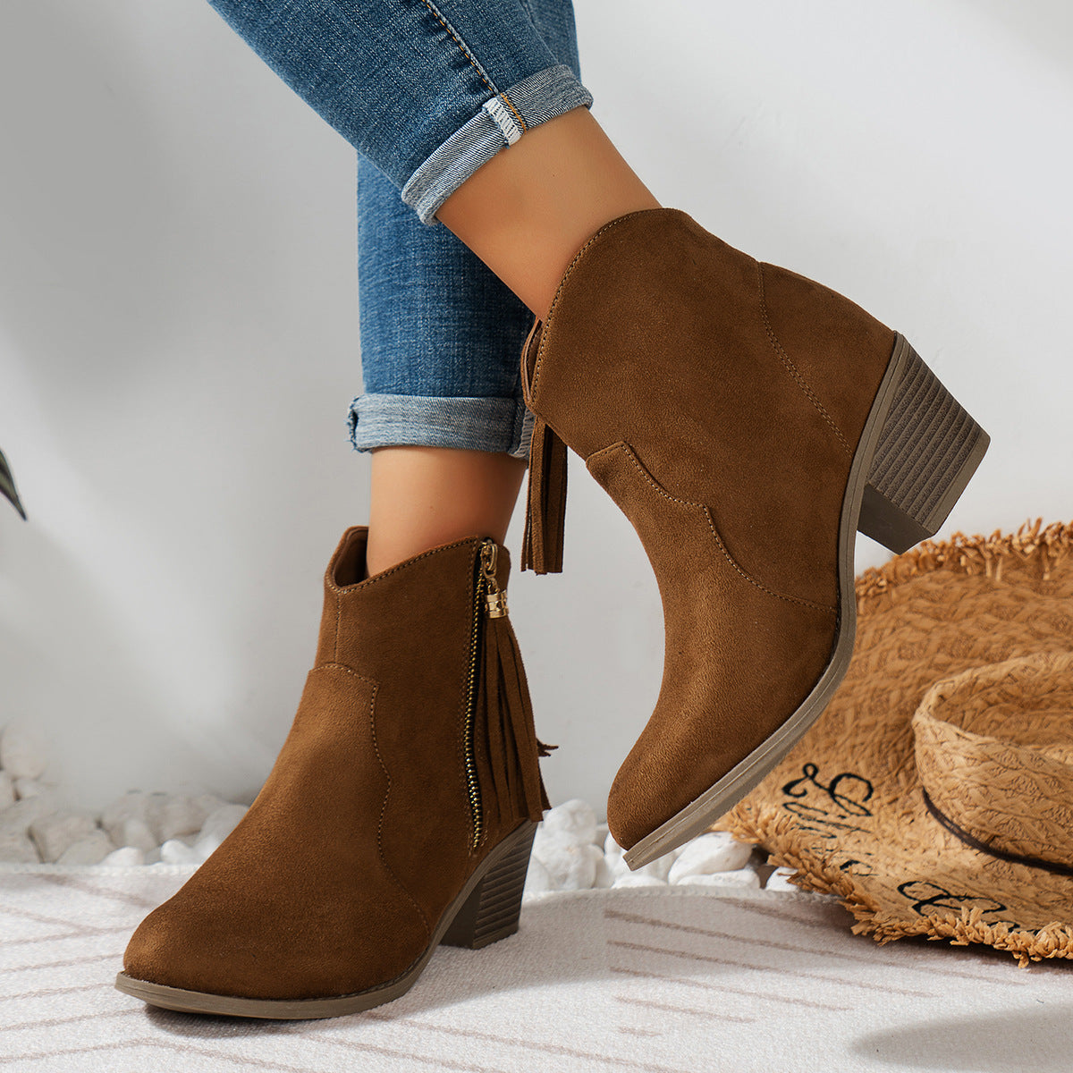 Suede Tassel Zip Ankle Boots