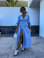 Elegant V-Neck Denim Dress for Women – Chic & Timeless Style