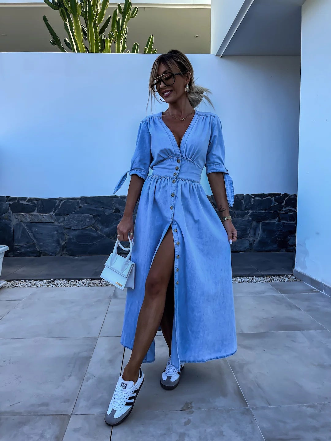 Elegant V-Neck Denim Dress for Women – Chic & Timeless Style
