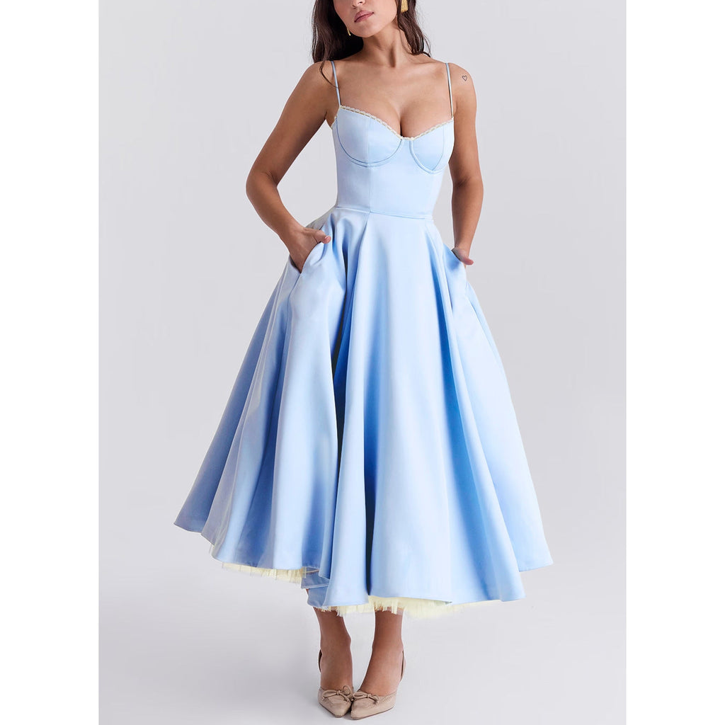 Women's Long Pink Dress - Bustier Style and Voluminous Skirt