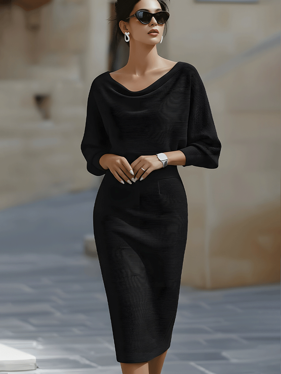 Women's Round Neck Midi Dress with Draped Silhouette