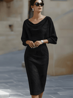 Women's Round Neck Midi Dress with Draped Silhouette