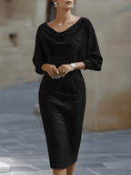 Women's Round Neck Midi Dress with Draped Silhouette