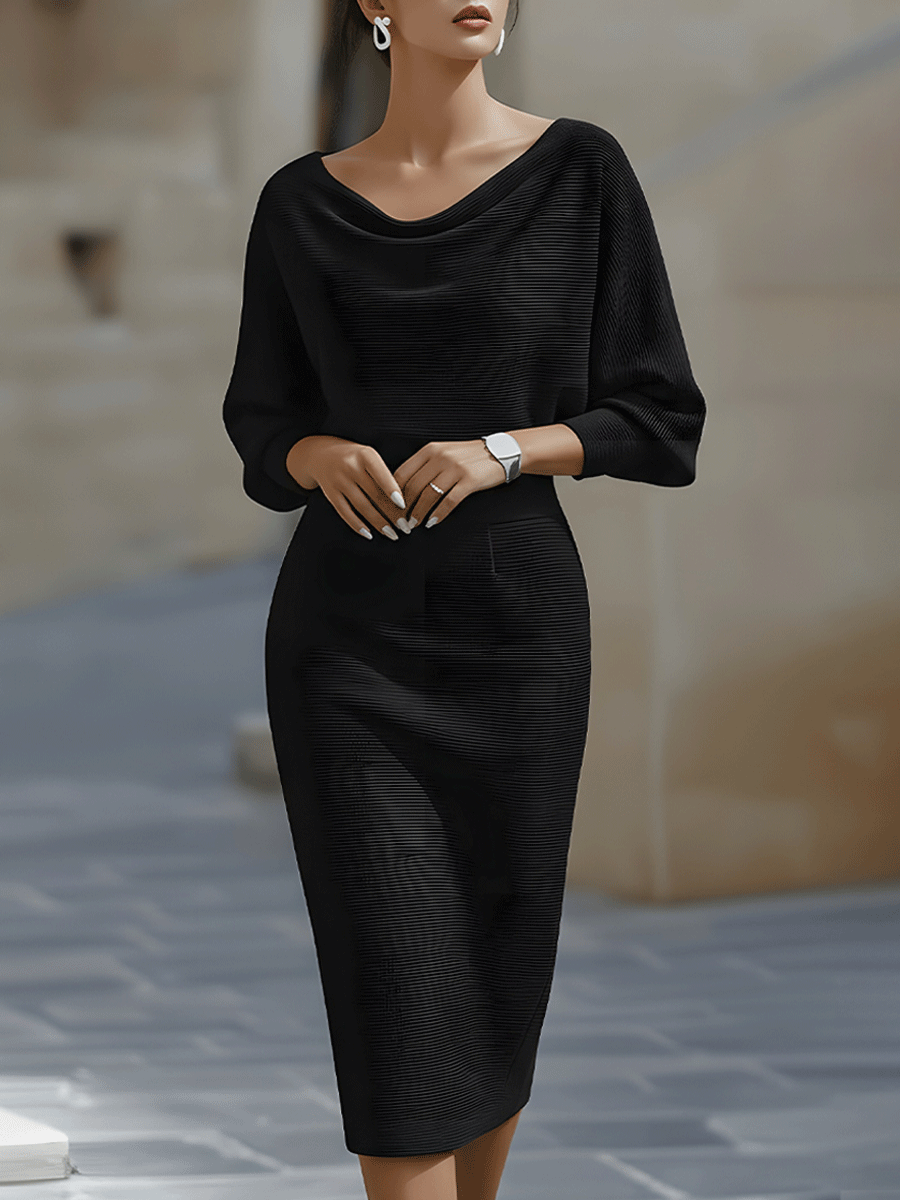 Women's Round Neck Midi Dress with Draped Silhouette