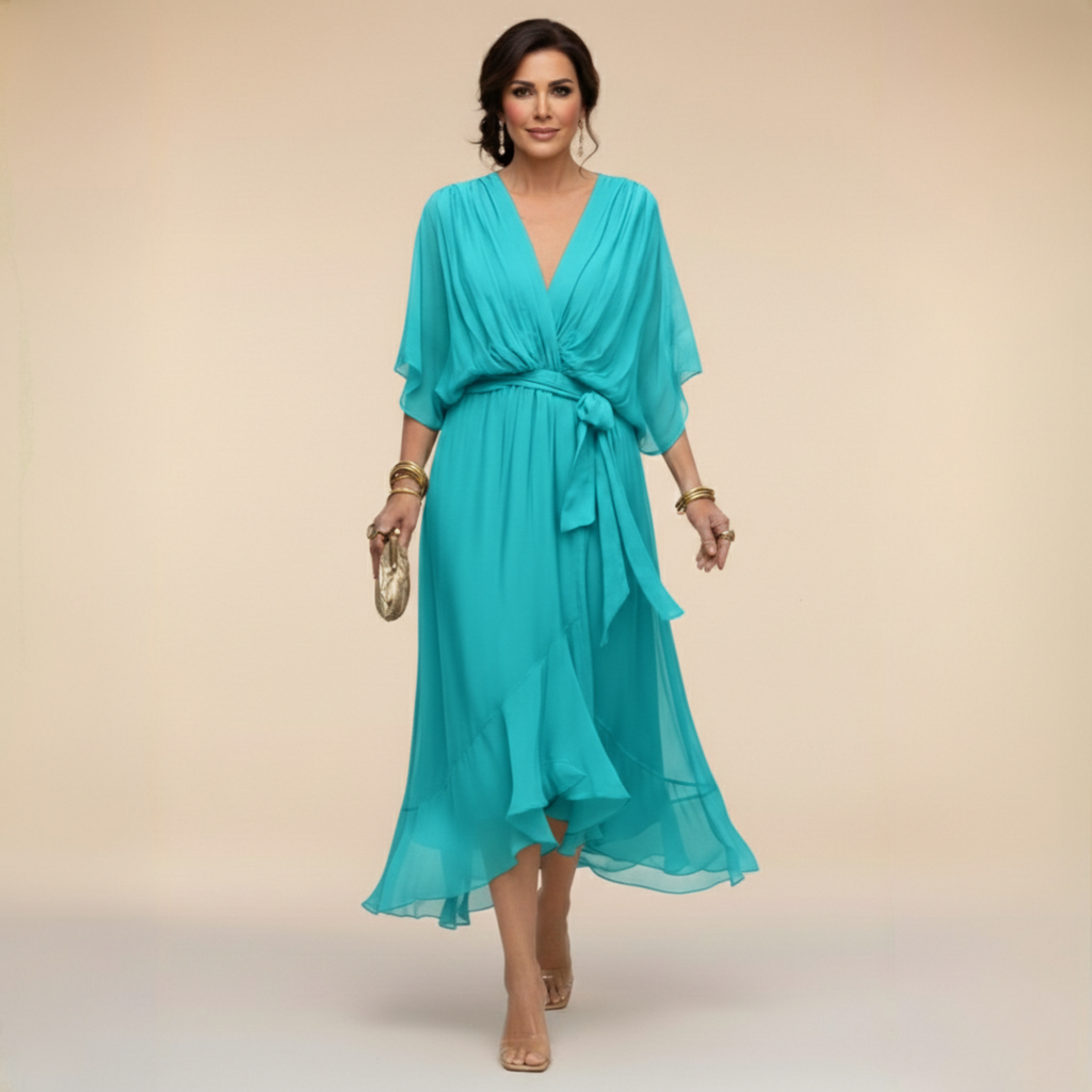Women's Elegant V-Neck Flowy Sleeve Dress with Textured Layers