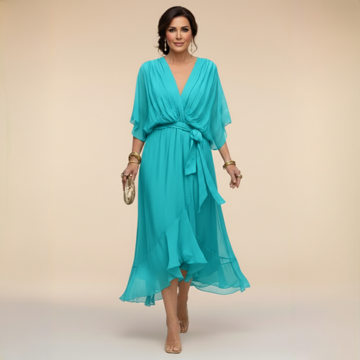 Women's Elegant V-Neck Flowy Sleeve Dress with Textured Layers