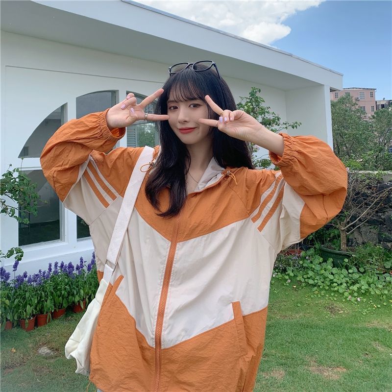 Contrast Color Hooded Sun Protection Clothing For Women Loose Thin Coat