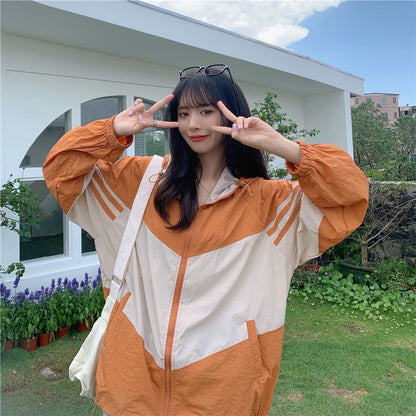 Contrast Color Hooded Sun Protection Clothing For Women Loose Thin Coat