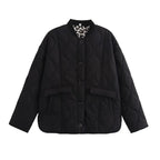 Quilted Women's Jacket with Stand Collar and Leopard Print Lining