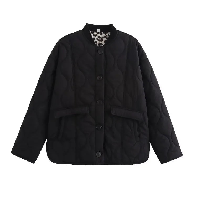 Quilted Women's Jacket with Stand Collar and Leopard Print Lining