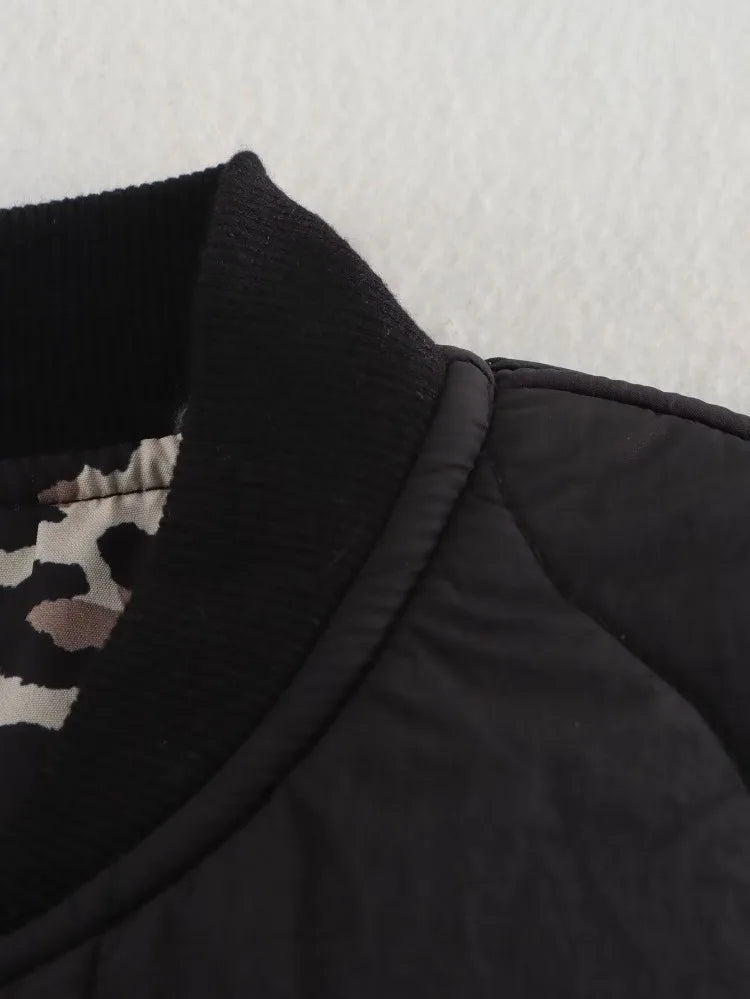 Quilted Women's Jacket with Stand Collar and Leopard Print Lining