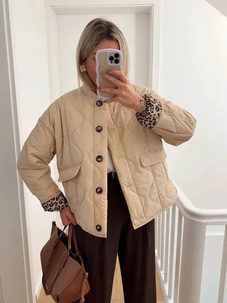 Quilted Women's Jacket with Stand Collar and Leopard Print Lining