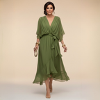 Women's Elegant V-Neck Flowy Sleeve Dress with Textured Layers