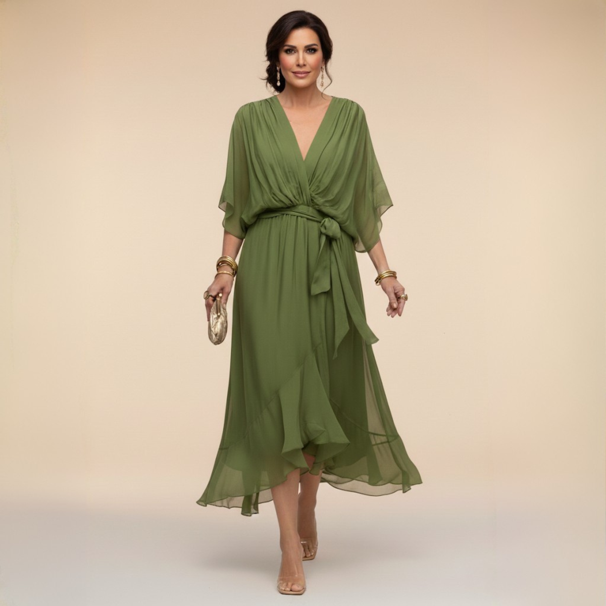 Women's Elegant V-Neck Flowy Sleeve Dress with Textured Layers