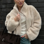 Cropped Plush Bomber Jacket for Women with High Collar and Full-Zip Closure