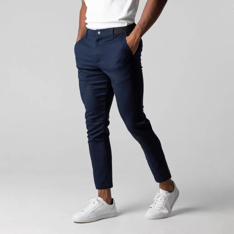 Tapered Full Length Men’s Trousers with Button Waist Closure and Side Pockets