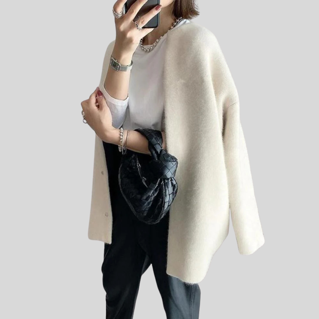 Oversized Button-Front Cardigan with Ribbed Cuffs and Open Collarless Neckline