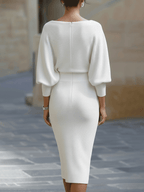 Women's Round Neck Midi Dress with Draped Silhouette
