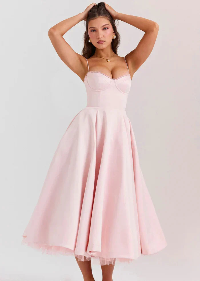 Women's Long Pink Dress - Bustier Style and Voluminous Skirt