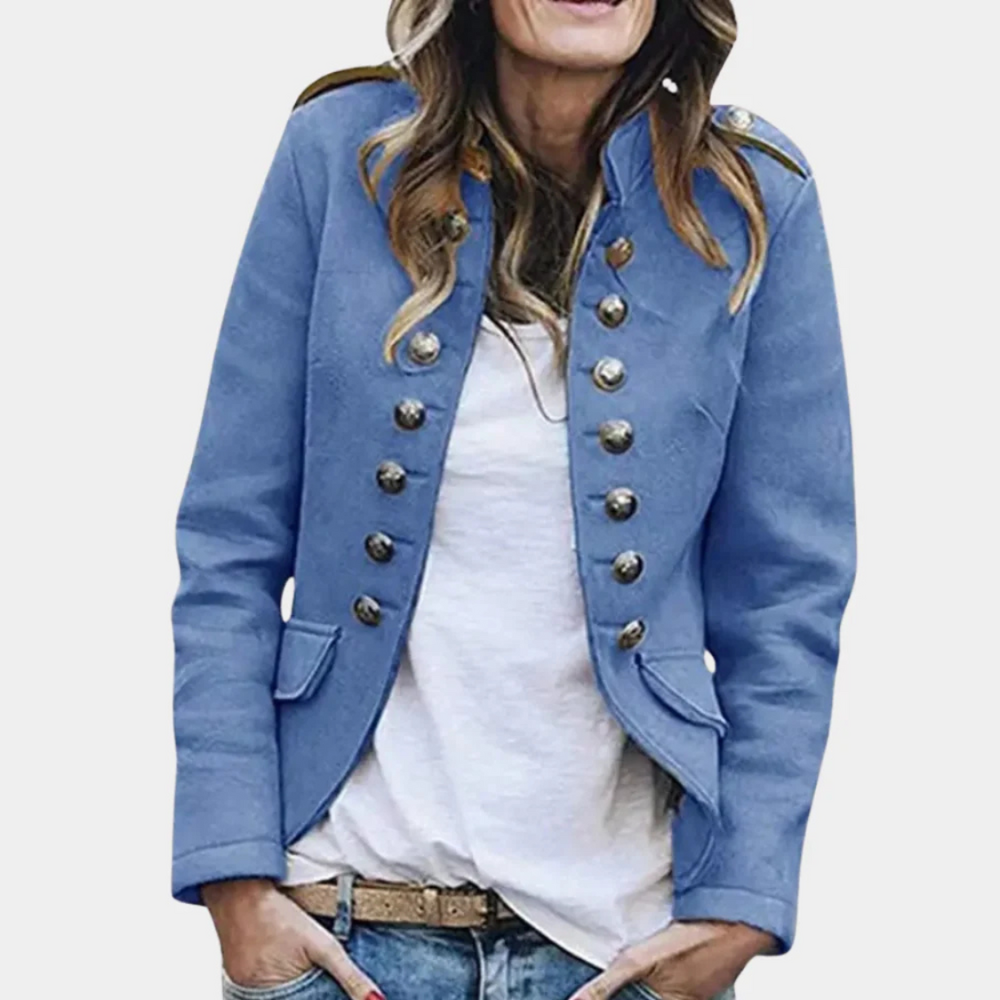Women's Military-Inspired Double-Breasted Jacket with Decorative Buttons