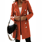 Women's Tailored Double-Breasted Long Coat with Classic Lapel Collar