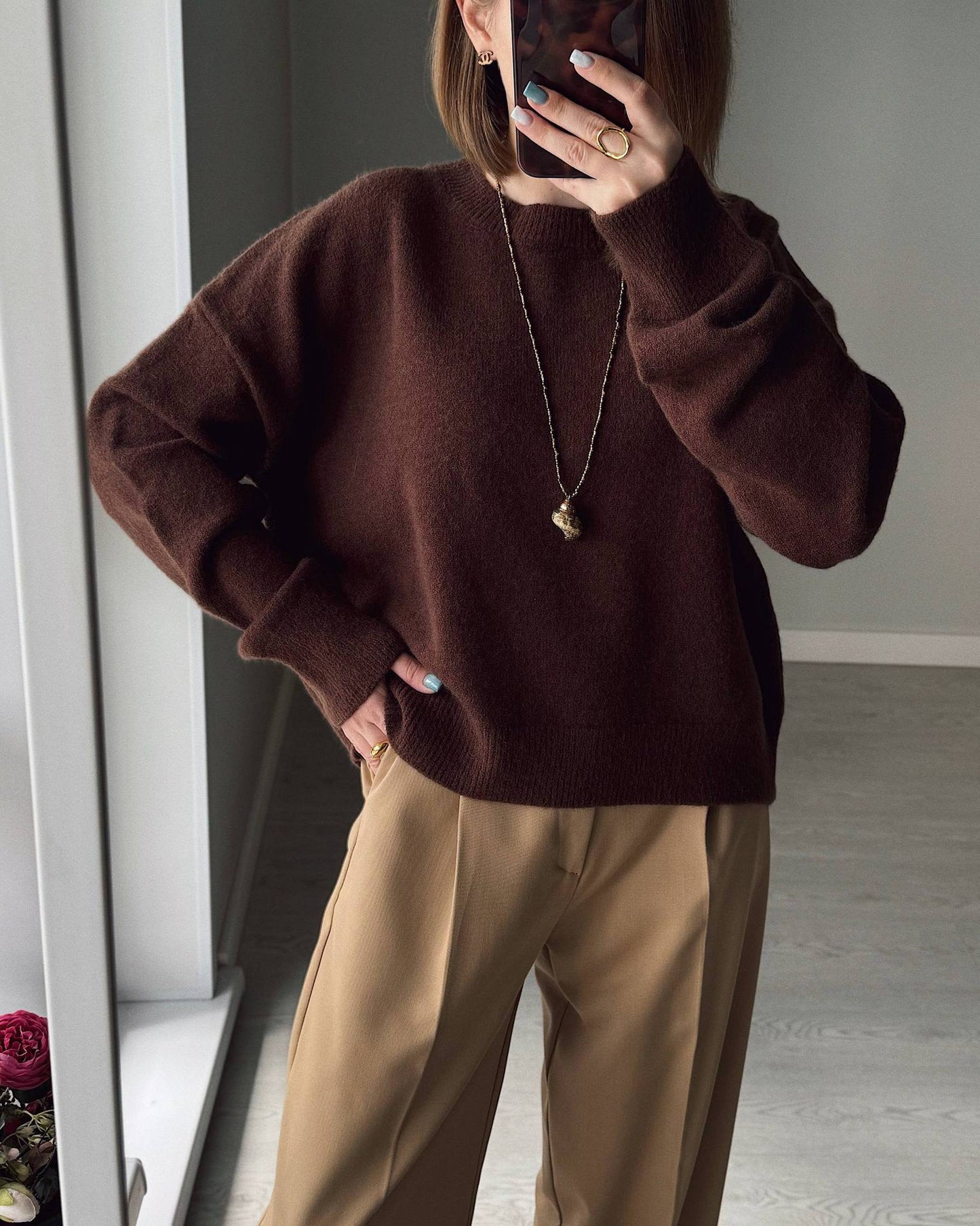 Relaxed Fit Ribbed Knit Crewneck Pullover Sweater