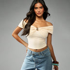 Womens Solid-Color Fashion Metal-Clasp Off-Shoulder Short Sleeve Top