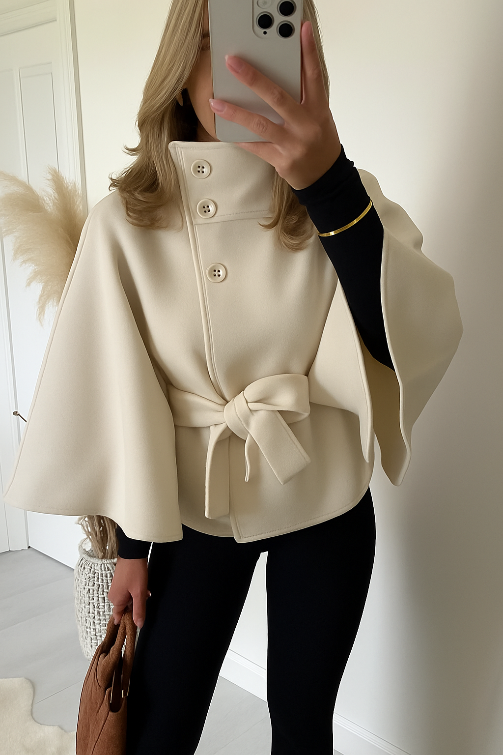 Elegant Women's Cape Coat with High Collar and Self-Tie Belt