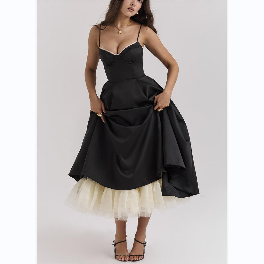 Women's Long Pink Dress - Bustier Style and Voluminous Skirt