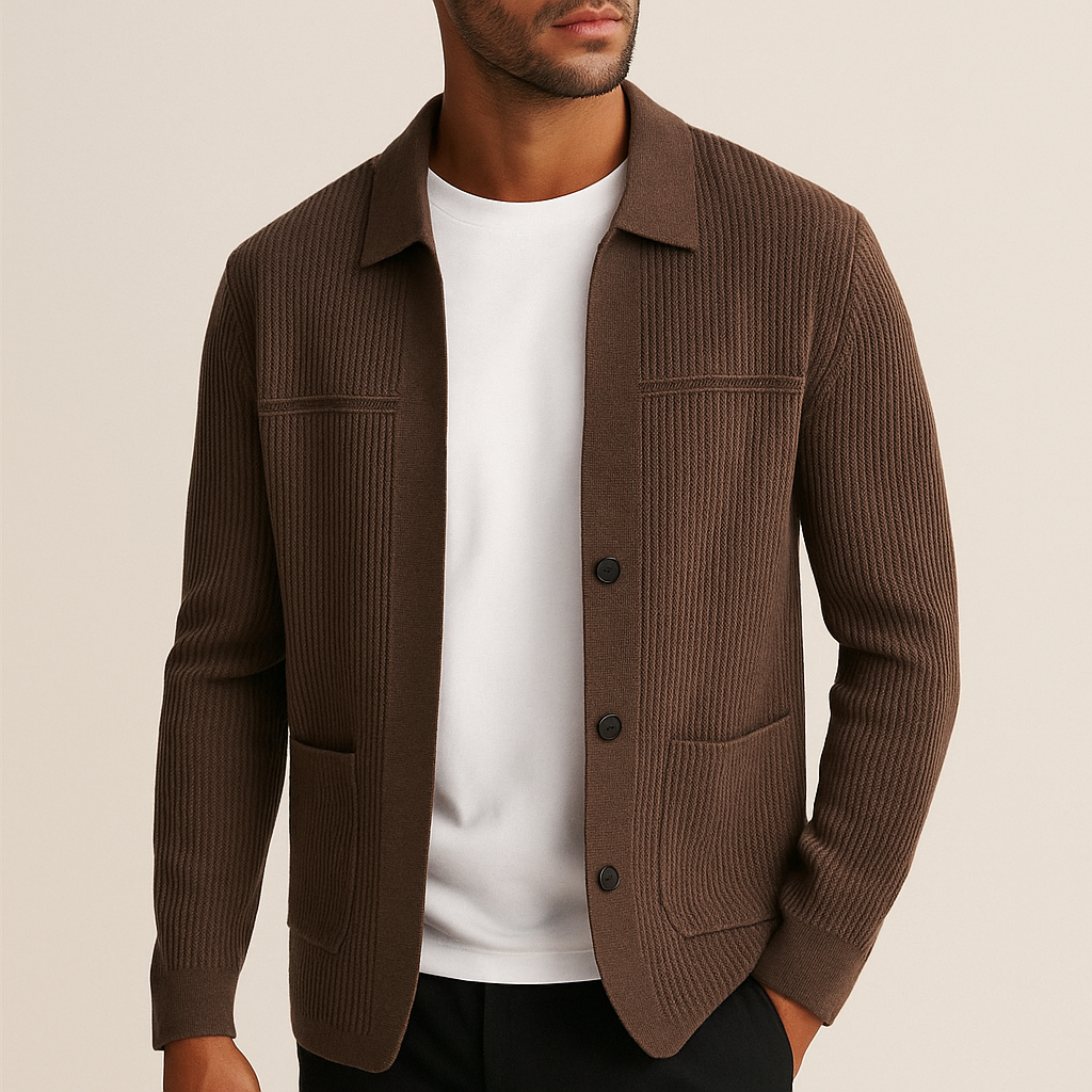 Men's Textured Long Sleeve Cardigan with Front Pockets