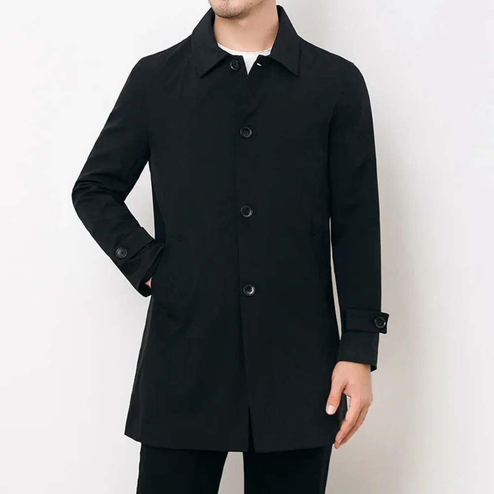 Men's Mid-Length Button-Front Trench Coat with Notch Collar