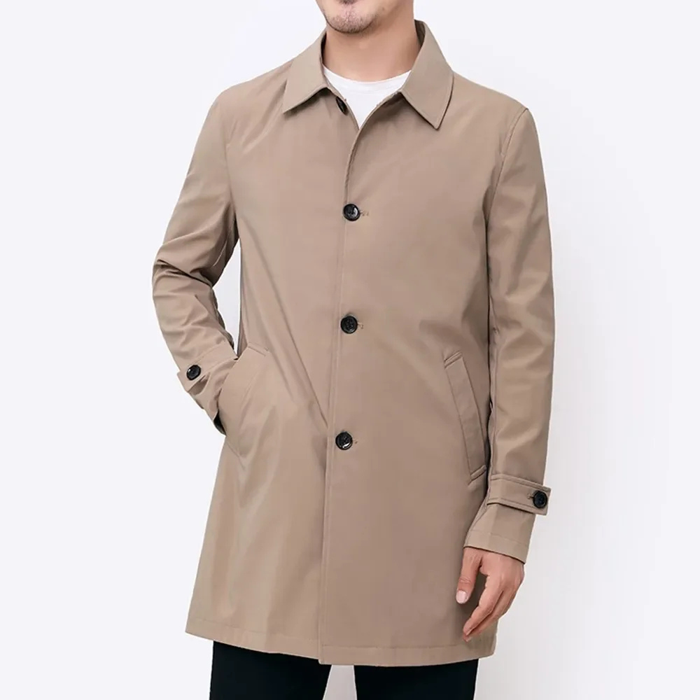 Men's Mid-Length Button-Front Trench Coat with Notch Collar