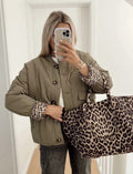 Quilted Women's Jacket with Stand Collar and Leopard Print Lining