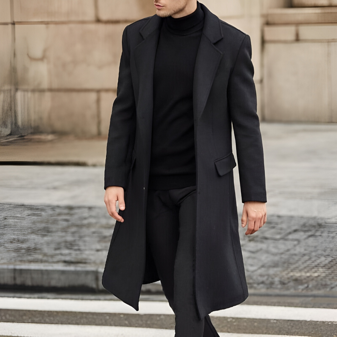 Men's Long Single-Breasted Notched Lapel Overcoat for Business and Formal Wear