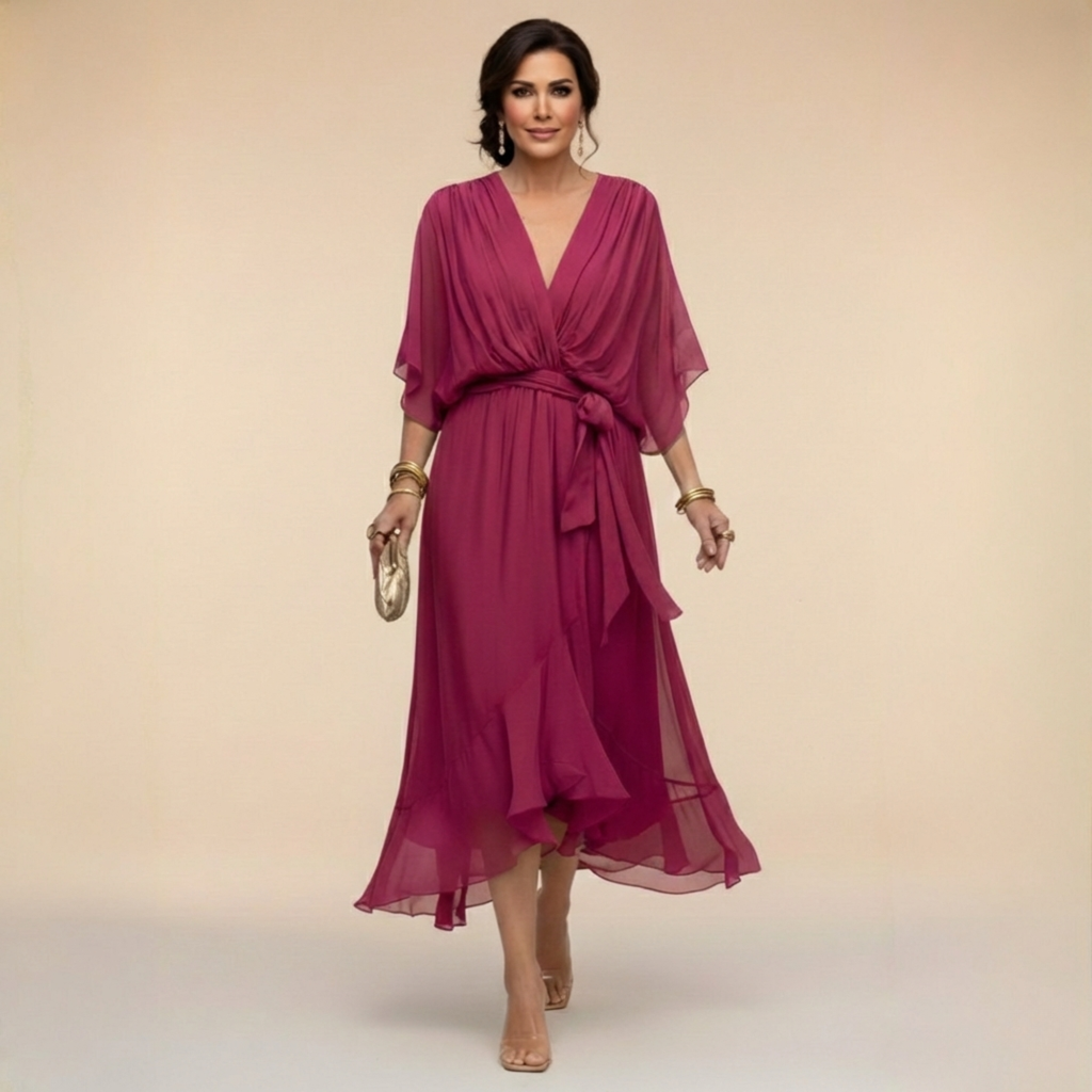 Women's Elegant V-Neck Flowy Sleeve Dress with Textured Layers