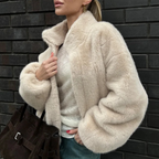 Cropped Plush Bomber Jacket for Women with High Collar and Full-Zip Closure