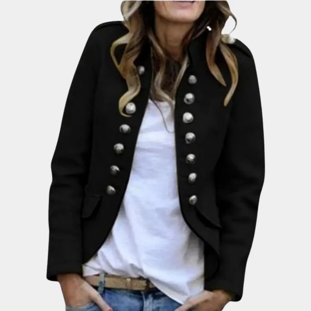 Women's Military-Inspired Double-Breasted Jacket with Decorative Buttons