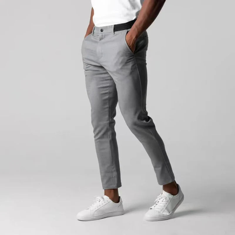 Tapered Full Length Men’s Trousers with Button Waist Closure and Side Pockets