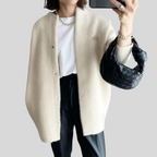 Oversized Button-Front Cardigan with Ribbed Cuffs and Open Collarless Neckline