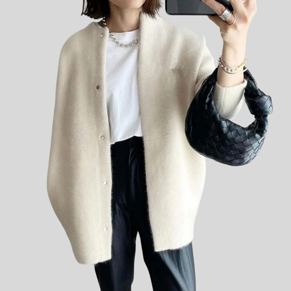 Oversized Button-Front Cardigan with Ribbed Cuffs and Open Collarless Neckline