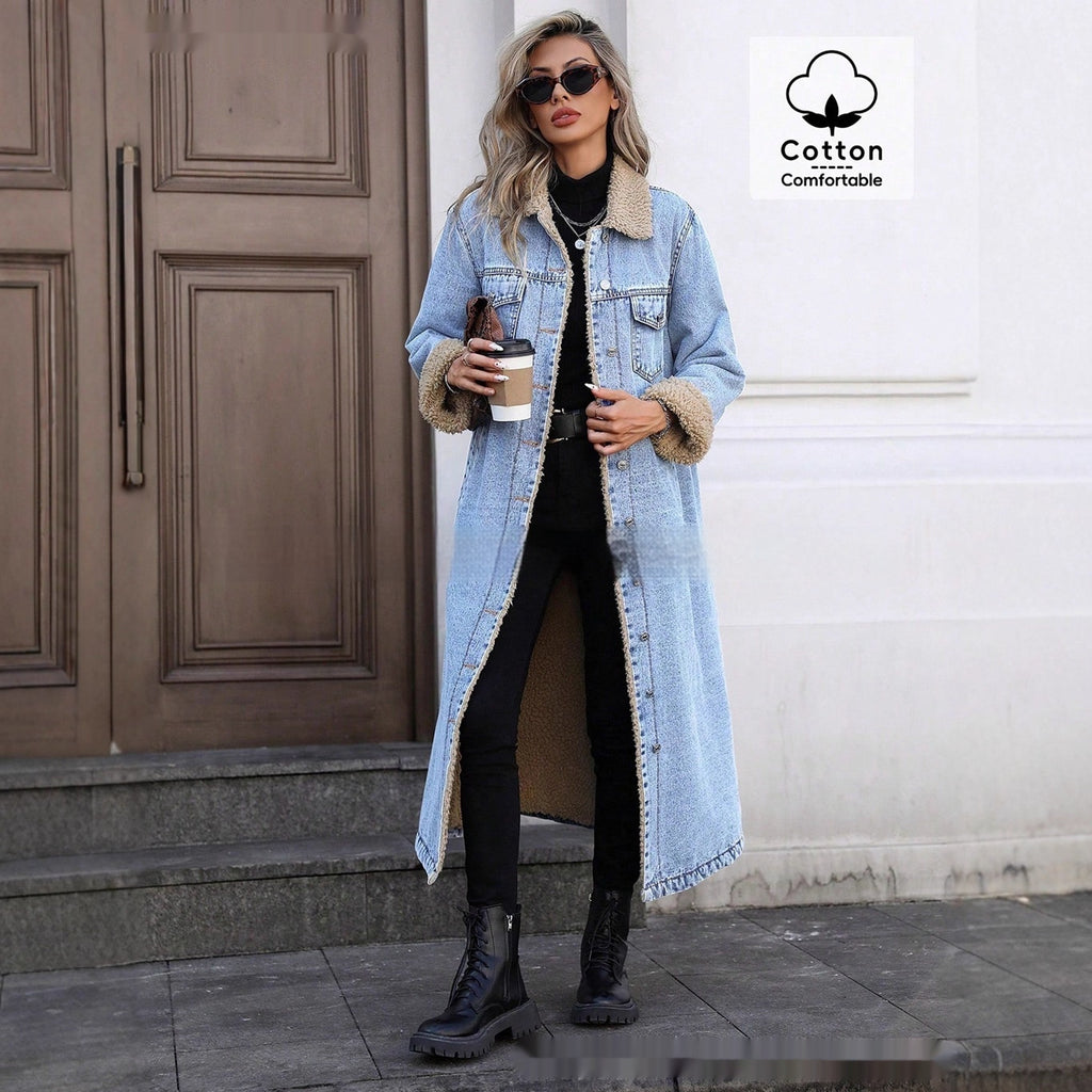 Manlish Women's Long Fleece Lined Denim Jacket  Loose Fit Cotton Outerwear