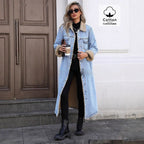 Manlish Women's Long Fleece Lined Denim Jacket  Loose Fit Cotton Outerwear