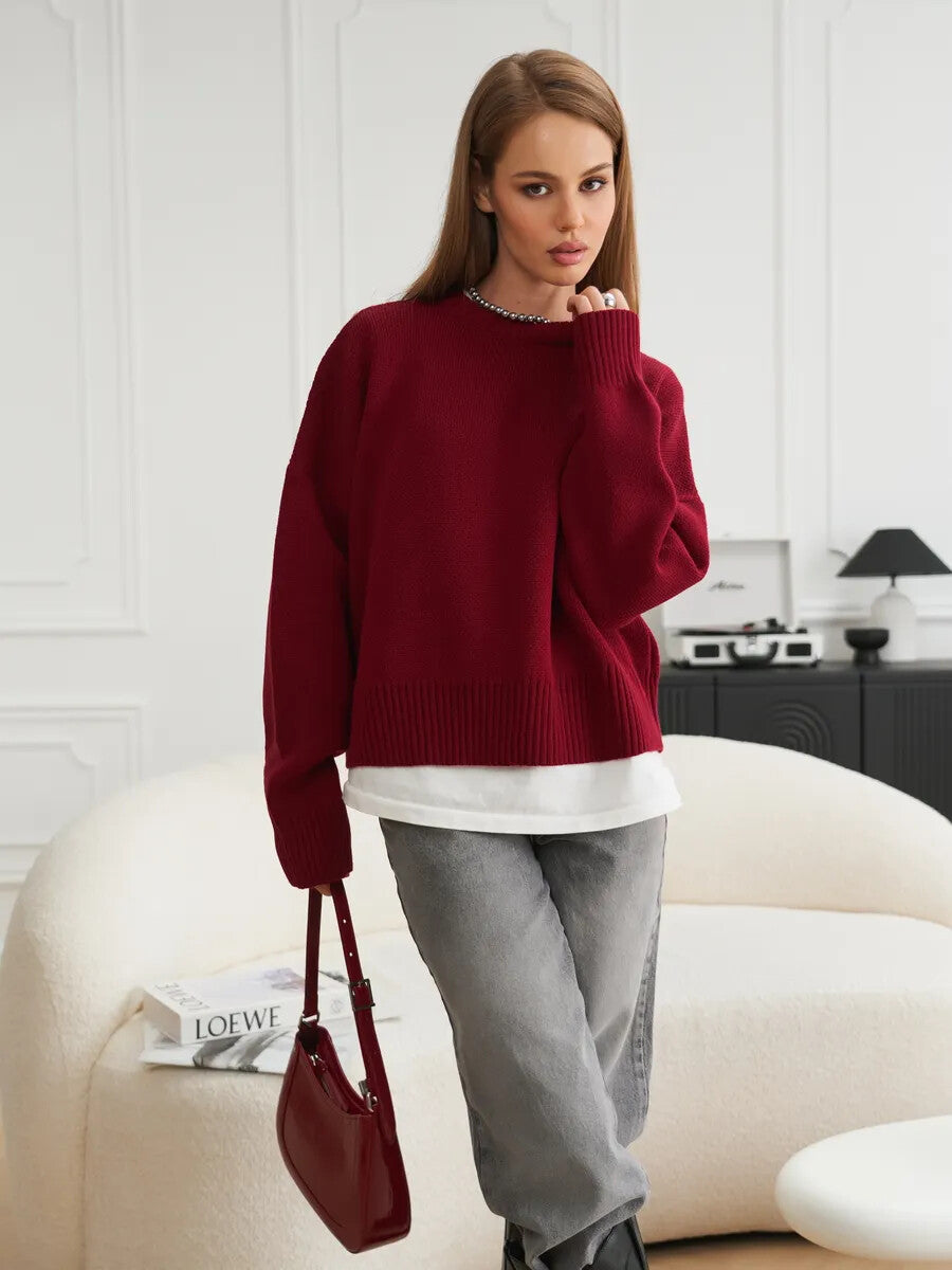 Relaxed Fit Ribbed Knit Crewneck Pullover Sweater