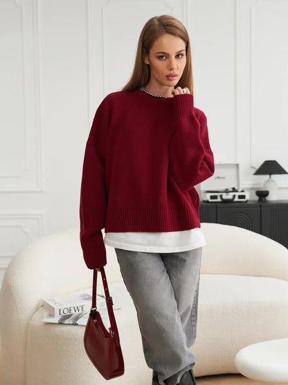 Relaxed Fit Ribbed Knit Crewneck Pullover Sweater