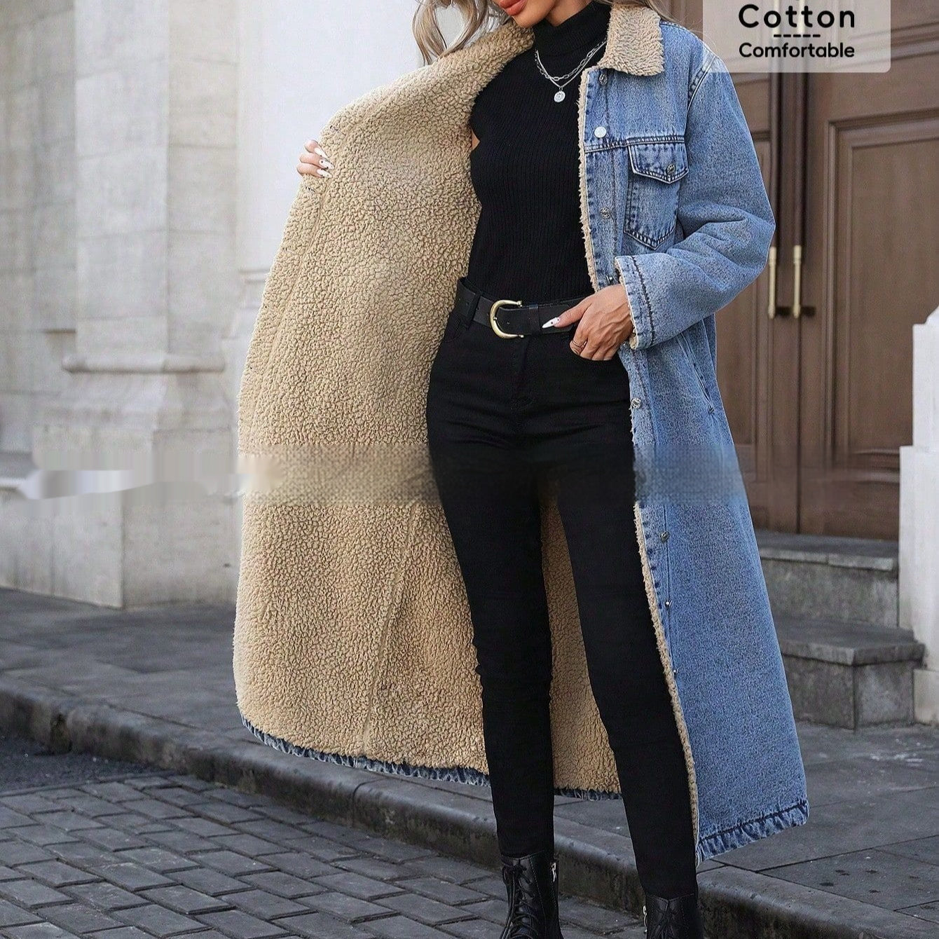 Manlish Women's Long Fleece Lined Denim Jacket  Loose Fit Cotton Outerwear